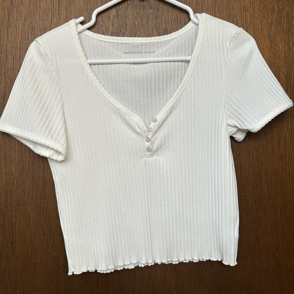 American Eagle Outfitters Cream Ribbed Button-Front Tee